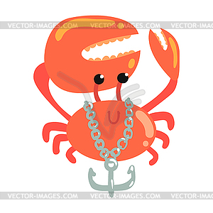 Funny cartoon crab with anchor chain colorful - vector image