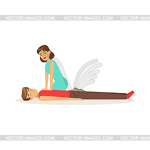 Woman giving CPR cardiac massage for breathless man - vector image