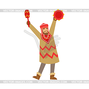 Shaman character in national clothes dancing with - vector clipart