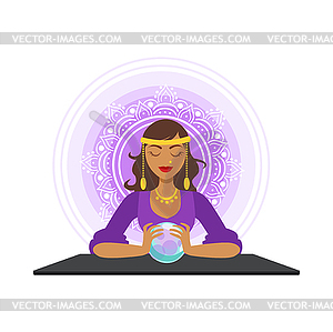 Fortune teller forecasting with ball, occult ritual - color vector clipart