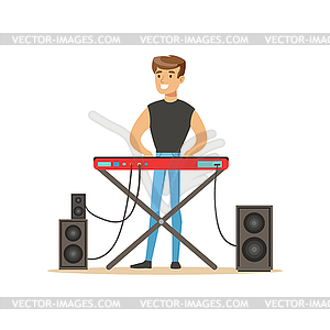 Молодой человек играет на электрическом пианино - иллюстрация в векторном формате
