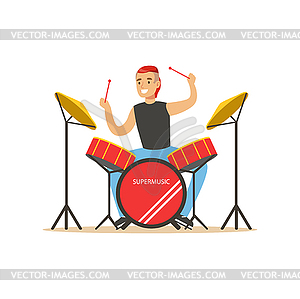 Young man playing on drums, guy behind drum kit - vector clip art