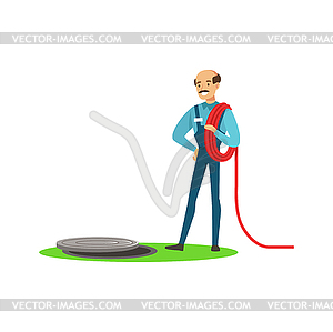 Proffesional plumber man character stnding next to - vector clipart