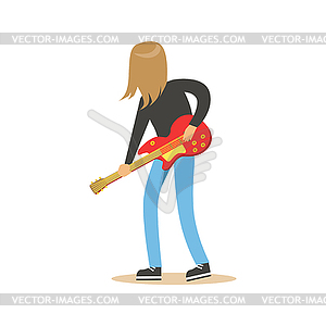 Long haired guitarist is playing on electric guitar - vector image