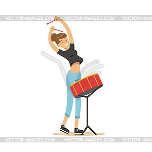 Young beautiful girl playing drum - vector image