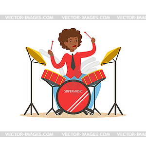 Young black woman playing on drums, guy behind - vector clip art