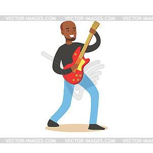 Young black guitarist playing on electric guitar - color vector clipart