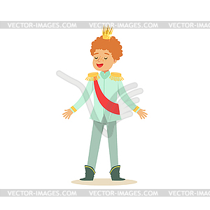 Cute little redhead boy wearing in light blue princ - vector clip art