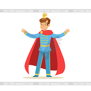 Cute boy prince in golden crown and red cloak, - vector image