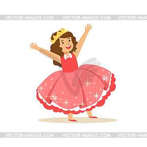 Beautifull little girl princess in coral red ball - vector clipart