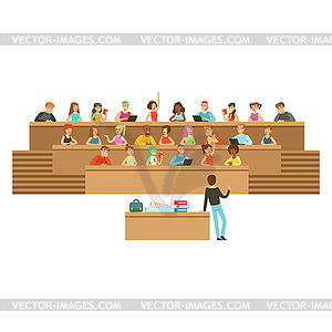 Students listening in lecture hall in university - vector image