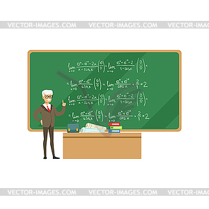 Professor near blackboard with formulas talking - vector clip art