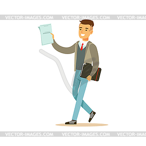 Молодой улыбающийся студент в сером куртке ходить - изображение в векторном формате