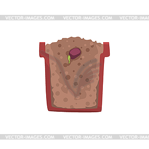 Seed of bean germinating in pot with ground soil, - vector image