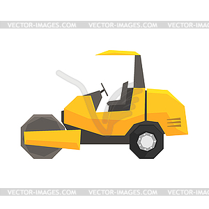 Big yellow road roller, heavy construction machine - vector image