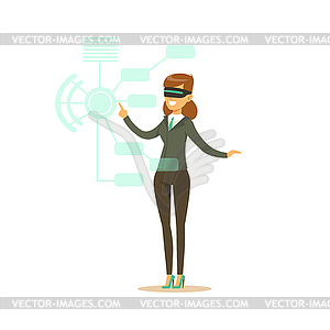 Businesswoman wearing VR headset working in - vector image