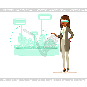 Businesswoman wearing VR headset working in - vector clipart