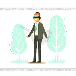 Businessman wearing VR headset with forest tree - vector clip art