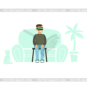 Businessman wearing VR headset with home furnishing - royalty-free vector clipart