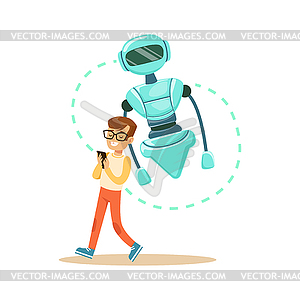 Boy controlling his robot with mobile phone, - vector image