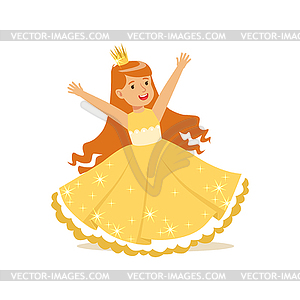 Beautifull redhead little girl princess in gold bal - vector clip art