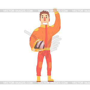 Car racing driver man in an orange uniform - vector image