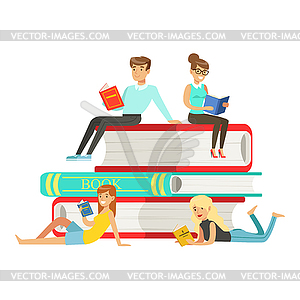 Micro young women and men sitting on pile of - vector image