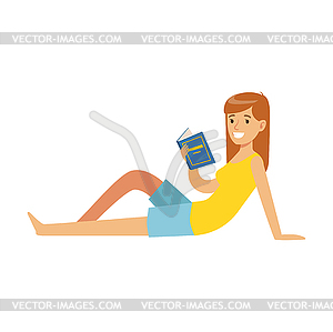 Beautiful young woman sitting on floor and reading - vector clipart