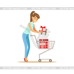 Happy woman in casual clothes putting gift box in - vector clip art