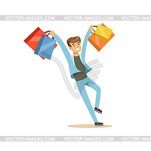 Happy young man in casual clothes having fun with - vector clipart