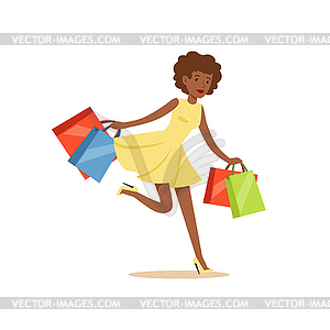 Young black beautiful woman running with lot of - vector clip art
