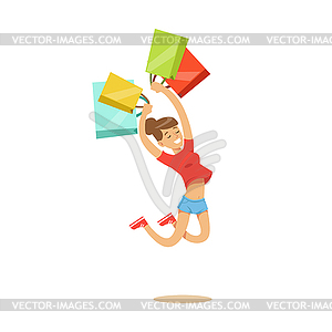 Young happy woman in casual clothes jumping with - vector clipart