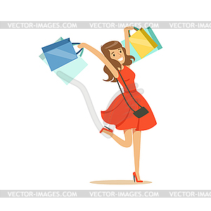 Young happy woman in an elegant red dress having fu - vector clip art