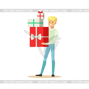 Happy young man standing and holding gift boxes - vector image