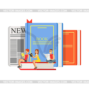 Micro young women and man sitting on giant books an - vector clipart