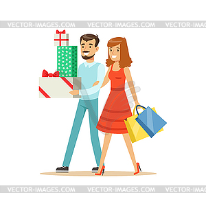 Happy family couple walking with shopping bags and - color vector clipart