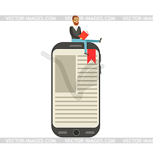 Bearded young man sitting and reading on giant - vector image