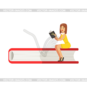 Micro young woman sitting on giant book, girl - vector clipart / vector image