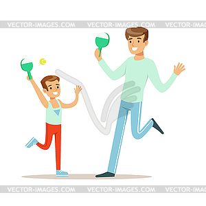 Smiling man and boy playing table tennis, dad and - vector clipart