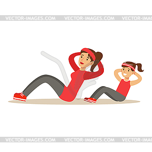 Smiling woman and girl swinging press, mom and - vector image