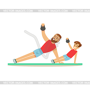 Smiling man and boy training with kettlebell, dad - stock vector clipart