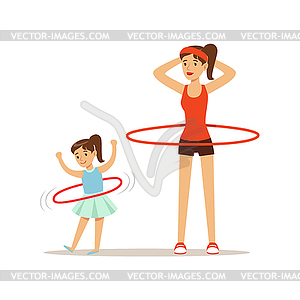 Woman and girl spinning hula hoop around waist, - vector image