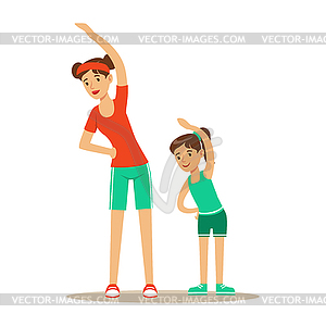 Smiling woman and girl doing fitness exercises, - vector clipart