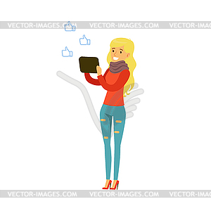 Young blonde smiling woman with tablet standing - vector clip art