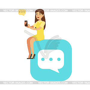 Young woman sitting on big mobile app symbol and - vector image