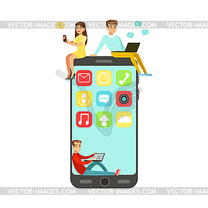 Young man and woman sitting on big smartphone and - vector clipart