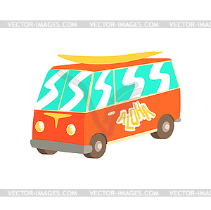 Red vintage surfing van with surfboard, classic - vector image