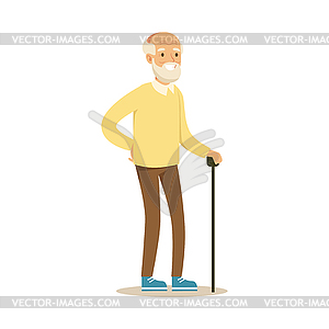 Grey smiling senior man standing with cane - vector clipart
