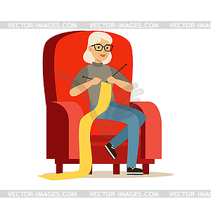 Beautiful senior woman sitting in armchair and - vector image