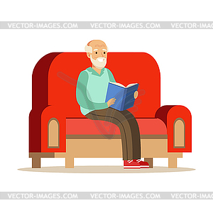 Grey senior man sitting on sofa and reading book - vector clipart